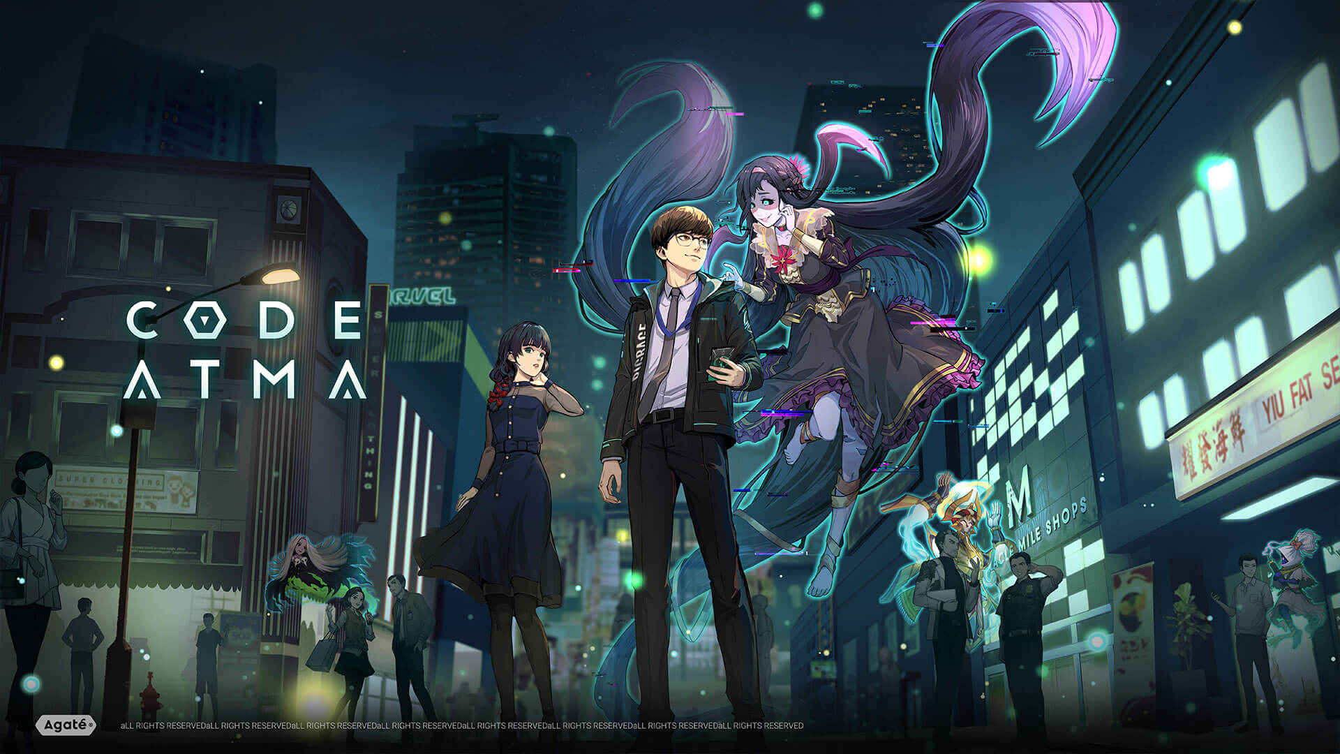 poster of code atma city scene at night with characters and their atma